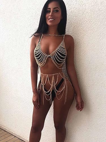 Salliy Boho Body Chain Bra Gold Bikini Chain Skirt Sexy Body Chain Set Halter Backless Chain Body Jewelry outfits Rave Nightclub Party Body Accessories for Women (Bra + Skirt)