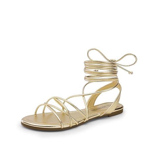 Lace-up Gladiator Sandals Strappy Dressy Summer Flat Sandals for Women - 7 - Gold