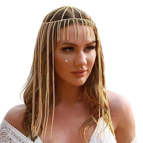 Sixexey Egyptian Head Chain Gold Headpieces Long Tassel Hair Jewelry Festival Halloween Egyptian Costume Cosplay Hair Accessory for Women