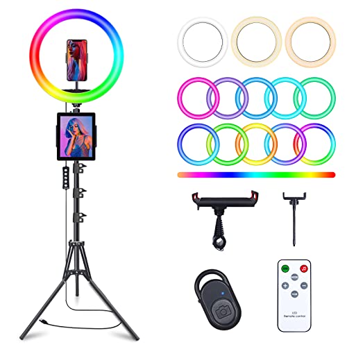 10" Selfie Ring Light with 63" Tripod Stand & 3 Phone Holder, LED Camera Ringlight with 48 RGB Colors Modes & Musical Rhythm Mode and 12 Brightness Dimmable for Makeup/Photography/Videos/Vlog/TikTok - 10" Musical Version