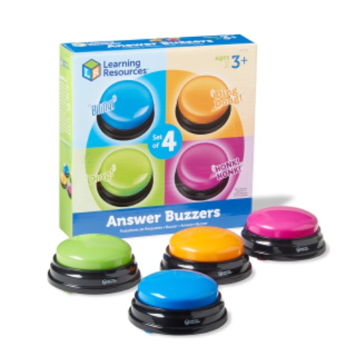Learning Resources Answer Buzzers - Set of 4, Ages 3+ Assorted Colored Buzzers, Game Show Buzzers, Perfect for Family Game and Trivia Nights - 