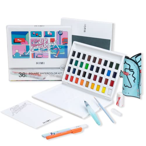 HIMI Watercolor Paint Set, 36 Vivid Colors in Pocket Box with Watercolor Paper Pad and Watercolor Brush, Perfect for Students, Kids, Beginners and More - 45 Piece Set