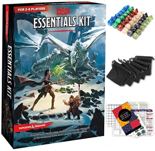 Dungeons and Dragons Essentials Kit - Starter Set & Extra 6 Dice Sets, Flannel Bags, Master Screen, Figures, New Heroes, Dice Guide, Statistic Sheets - DND 5th Edition Rolling Board Game for Friends - Essentials Kit: 5th Edition
