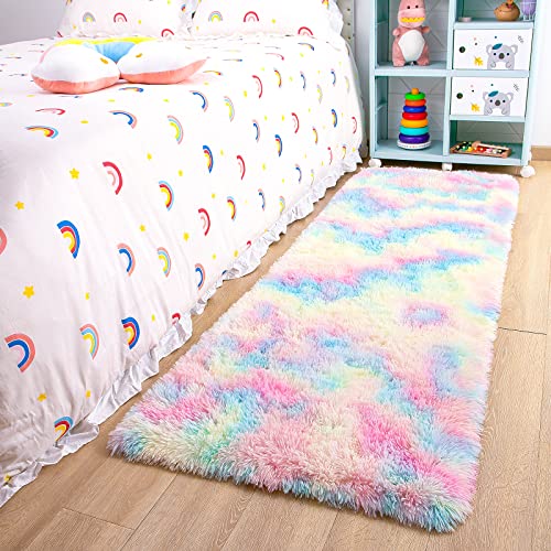 junovo Soft Rainbow Area Rugs for Girls Room, Fluffy Colorful Rugs Cute Floor Carpets Shaggy Playing Mat for Kids Baby Girls Bedroom Nursery Home Decor, 2ft x 6ft Tie-dyed Rainbow - 2ft x 6ft - Rainbow