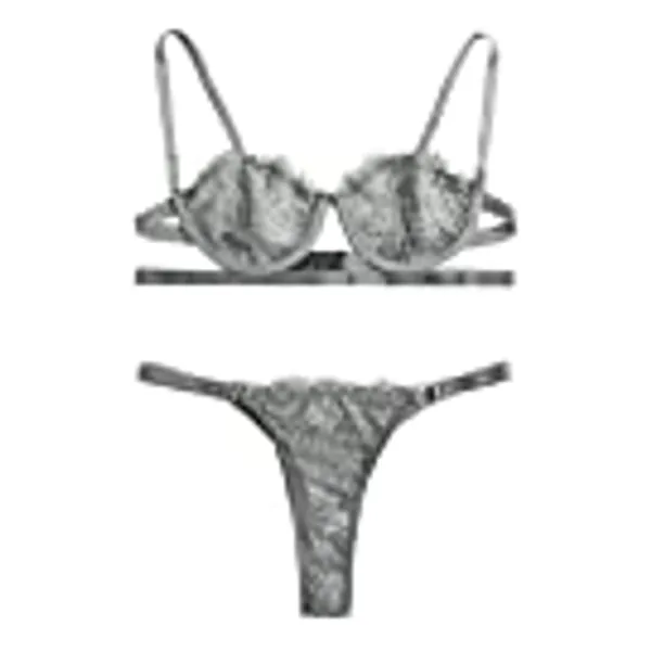 SheIn Women's 2 Piece Sexy Lace Strap Bralette Bra and Panty Lingerie Set Push Up