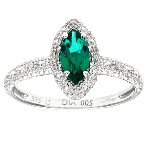 Naava Women's 9 ct White Gold Round Brilliant Cut Created Marquise Emerald and Diamond Cluster Ring