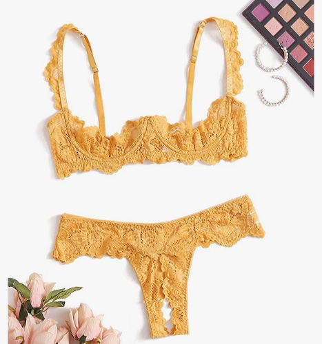 Amazon.com: SheIn Women's Sheer Lace Embroidered Two Piece Ruffle Strap Cut Out Lingerie Set: Clothing, Shoes & Jewelry