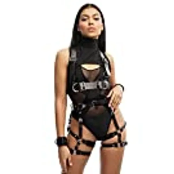 Punk Leather Body Chain, Adjustable Waist Chain Belt Garter Belts with Handcuffs, Fashion Body Chains for Women and Girls