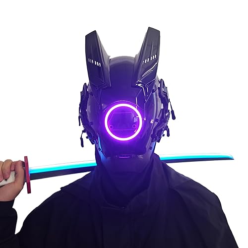 JAUPTO Techwear Mask Punk Mask Helmet,LED Light Cool Samurai Mask,Halloween Cosplay Anime mask - Purple