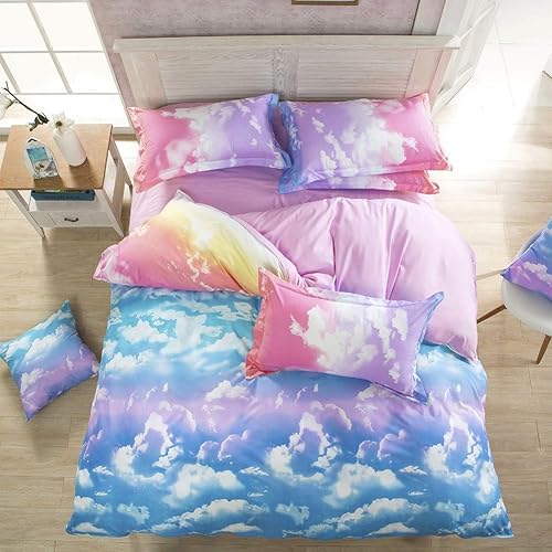 Feelyou Cloud Sky Duvet Cover Set for Girls Rainbow Bedding Set Kids Comforter Cover Cute Lightweight Soft Pink and SkyBlue Bedroom Decor Lovely Teens Bedspread Cover Queen Size Zipper - Multi 32 - Queen