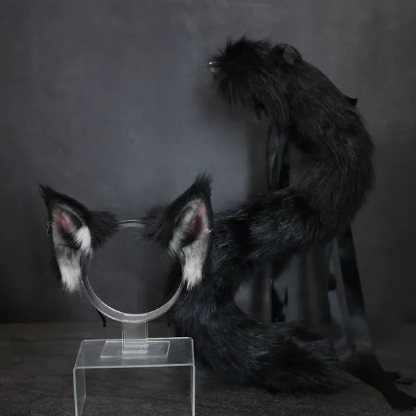 Realistic Black Kitten Ear and Tail,Brown Kitten Ears and Tail,Black Cat Plush Ear Headband,Black Animal Plush Ear and Tail,Christmas Gifts