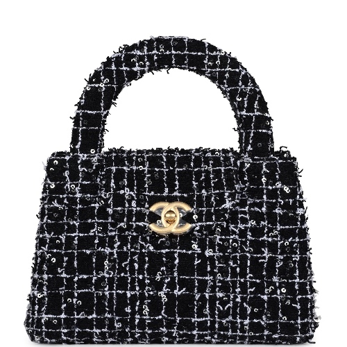 Chanel Small Kelly Shopper Black, White & Silver Sequin Tweed Brushed Gold Hardware | Black/White / New / Tweed