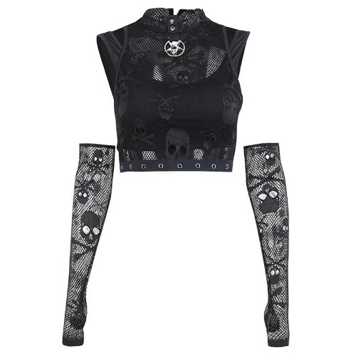 Gothic Skull Mesh Sleeveless Crop Top - Polyester / M - Bust 80-94 cm