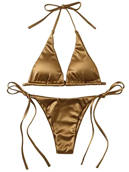 SOLY HUX Women's Metallic Halter Top Two Piece Swimsuit Tie Side Triangle Bikini