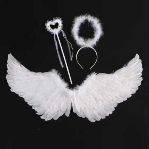 Wanna Party Fairy Wings/Angel Wings Set - White Feather Angel Wings, Wand with Angel Halo Headpiece - Halloween Angel Outfit Cosplay Costume Accessories for Adults, Teens and Kids (White)