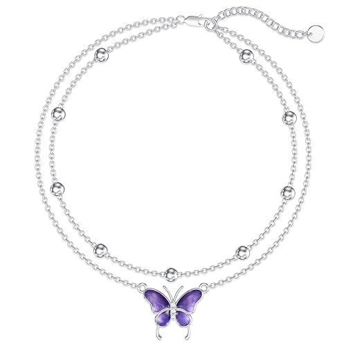 Diamond Butterfly Anklets for Women 925 Sterling Silver Animal Lover Double Layer Ankle Bracelet Jewelry Gift for Mom Wife Sister Friend,9"+2"