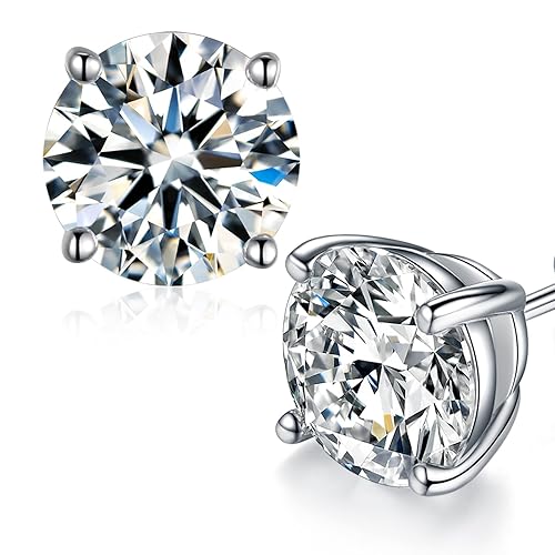 Moissanite Stud Earrings, Round Cut D Color VVS1 Clarity Lab Created Diamond Earrings Studs 18K White Gold Plated 925 Sterling Silver Jewelry for Women Men - 6 CTW (3 Ct Each) - Silver _ 4 Prong
