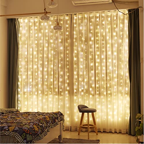 ZSJWL 300 LED Curtain Fairy Lights with Remote, 8 Modes 9.8 × 9.8 Ft, USB Plug in Copper Wire String Lights for Bedroom Window Chrismas Wedding Party, Warm White - 1 - Warm White