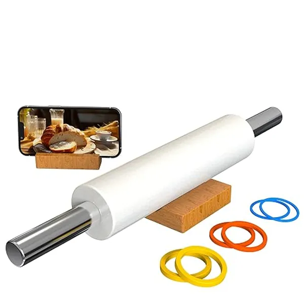 Mepple Marble Rolling Pin with Stainless Steel Handle for Fondant, Pizza, Cookie Crust, Cookies, Pastry, Rolling Pin for Baking, 18.5” Marble Rolling Pin with 3 Multi-Color Thicknesses and Wood Stand