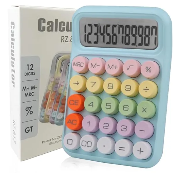 Envysun Colorful Candy Calculator,Mechanical Calculator Cute 12 Digit Large LCD Display Big Round Button Calculator,Easy to Press,for School Office Business Home,Automatic Sleep,with Batter(Blue)