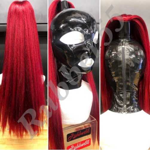 Latex Ponytail Hood | Black/Red hair