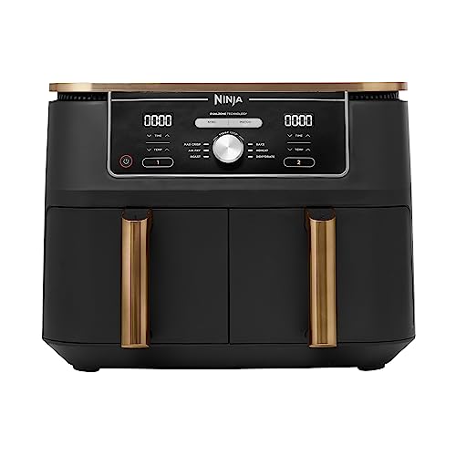 Ninja Foodi MAX Dual Zone Heißluftfritteuse, 9,5L Airfryer, 2 Fächer, mit Zange, Antihaftbeschichtung, spülmaschinenfeste Körbe, 6-in-1, Amazon Exklusiv, Kupfer/Schwarz, AF400EUCP - Dual Zone - 9.5L - Kupfer/Schwarz