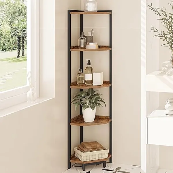 Hzuaneri Corner Shelf Stand, Corner Bookshelf, Storage Standing Shelf Unit with Metal Frame, Plant Stand, Corner Bookcase for Living Room, Home Office, Bedroom, 5-Tier Rustic Brown CS05901B