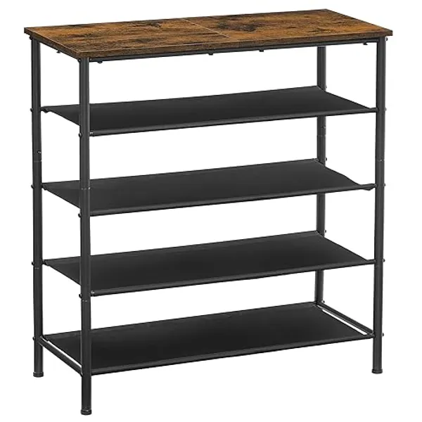 VASAGLE Shoe Rack, 5 Tier Shoe Storage Rack for 12-16 Pairs of Shoes, Shoe Organizer for Entryway, with 4 Fabric Shelves and Wooden Top, Steel Frame, Industrial, Rustic Brown and Black ULBS036B01