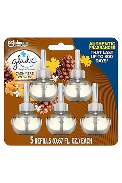 Glade PlugIns Refills Air Freshener, Scented and Essential Oils for Home and Bathroom, Cashmere Woods, 3.35 Fl Oz, 5 Count