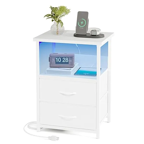 Fixwal Night Stand with Charging Station, LED Nightstand with U-S-B Ports and Outlets, 2 Fabric Storage Drawers with PU Finish, Bed Side Table, White