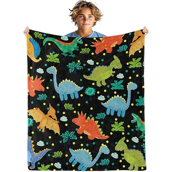 Dinosaur Throw Blanket for Boys Girls - 40" x 50" Kids Dinosaur Blanket Soft Cozy Flannel Warm Dino Throw Blanket for Teens Kids for Sofa Toddler Bed Dinosaur Toddler Boys Blanket, Black