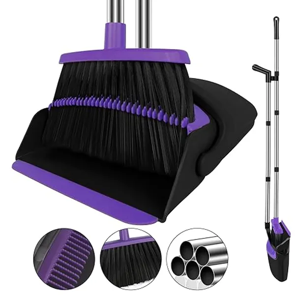 UDUK Broom with Dustpan Combo Set, 51" Household Dustpans and Broom, Standing Dustpan with Broom for Home, Purple Broom Dustpan Set for Kitchen Lobby Indoor Outdoor