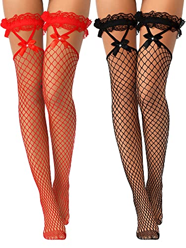 Geyoga 2 Paia Calze Alte a Coscia a Rete con Top di Pizzo Autoreggenti a Rete con Fiocchi Reggicalze da Donna - Taglia unica - Nero, Rosso