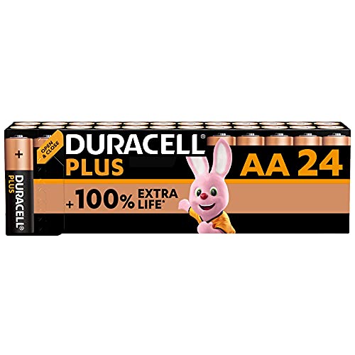 Duracell Plus AA Batteries (24 Pack) - Alkaline 1.5V - Up To 100% Extra Life - Reliability For Everyday Devices - 0% Plastic Packaging - 10 Year Storage - LR6 MN1500 - Size AA - Plus (+100% Extra Life) - Pack of 24