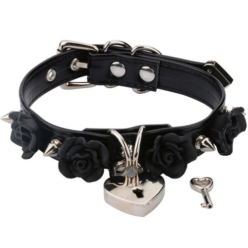 Rose Locket Collar - Black & Silver