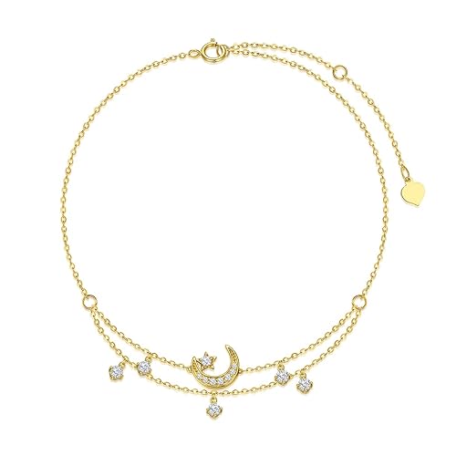 SISGEM 9 ct Gold Moon and Star Anklet, Solid Yellow Gold Beaded Layered Anklet, for Women Girls Ladies Mum Sisters, 8"+1"+1"