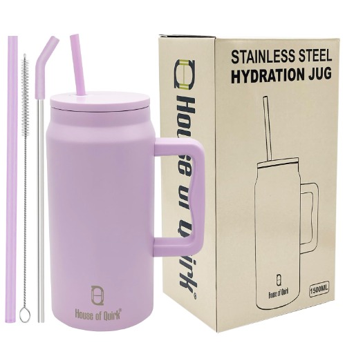 House of Quirk 1500ML Mug Tumbler with Handle and Straw Lid, Stainless Steel Large Water Bottle Gifts for Women Men Him Her (Lavender) - Powder Lavender