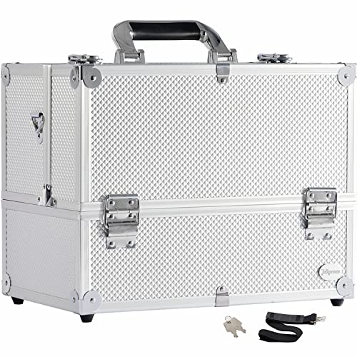 Joligrace Extra Large Makeup Train Case 6 Tray Make Up Artists Organizer Box Lockable Cosmetic Jewelry Toiletries Carrier Crafters Tool Cases with Adjustable Dividers & Shoulder Strap - Silver - Silvery White
