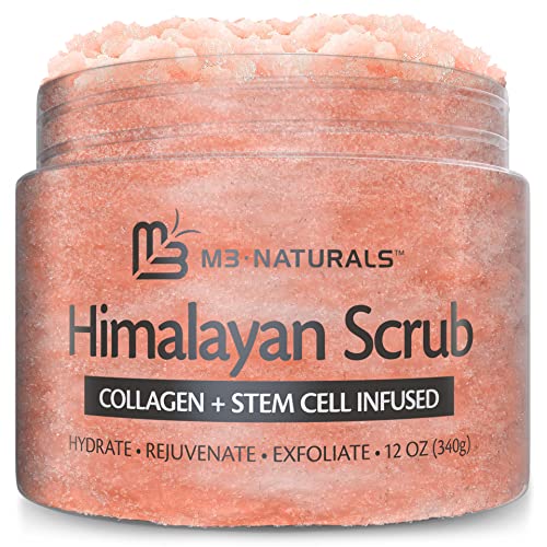 Himalayan Salt Scrub Face Foot & Body Exfoliator Infused with Collagen and Stem Cell Natural Exfoliating Salt Body Scrub for Toning Skin Cellulite Skin Care Body Foot Scrub by M3 Naturals - 12 Ounce (Pack of 1)