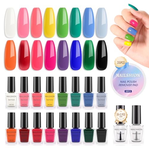 Nailshion Nail Polish Set 16 Colors 10ML Air Dry Rainbow Nail Polish with 1 Base Coat Top Coat and Nail Polish Remover Pad Regular Fingernail Polish Starter Kit Bulk Manicure Gift for Nail Art Lovers - 01-Rainbow Charm