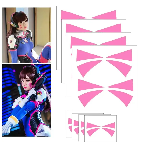 Cosplay Face Temporary Tattoos, 12 Tattoos Overwatch DVa Face Tattoo Stickers 2 Sizes (Pink)