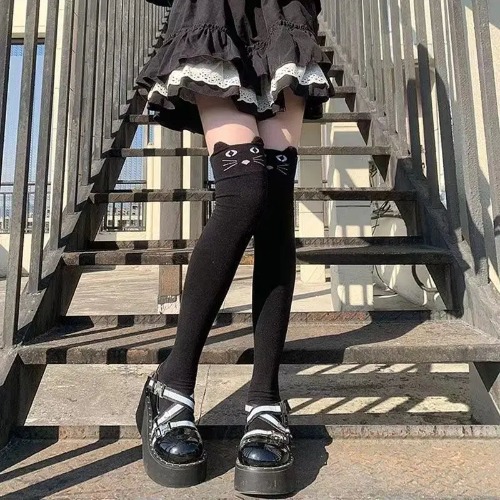 Goth Kitty Black Over Knee Socks - black / One Size