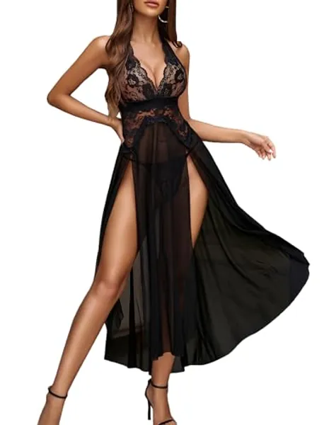 Avidlove Women Lingerie Deep V Neck Nightwear One Piece Sexy Nightgowns Mosaic Lace Mesh Dress
