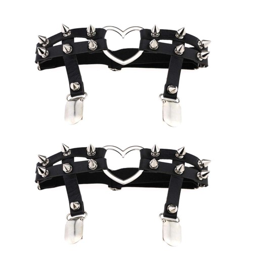 Jurxy 1 Pair Gothic Studded Heart Garters Leg Ring Leg Elastic Punk Harness Garter Belt Adjustable Suspender with 2 Metal Clips – Black