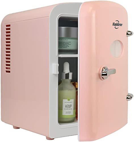 Koolatron Retro 4L 6 Can Portable Mini Fridge Compact Refrigerator for Bedroom Skincare Cosmetic Beauty Personal Cooler 12V and AC Cords, Desktop Accessory for Home Office Car Dorm Travel (Pink) - Pink