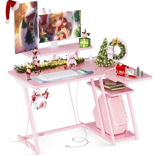MOTPK Gaming Desk L Shaped, Small Corner Desk with Storage Shelf & Power Outlets, Computer Desk with Monitor Shelf, L Shaped Desk with Carbon Fiber Surface, Gamer Desk Gaming Table, Pink, 39 Inch