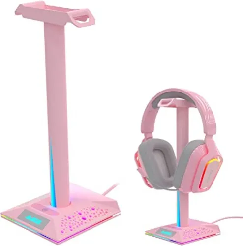 Amazon.com: NACODEX Pink RGB Gaming Headphone Stand with 3.5mm AUX & 2 USB Port, Touch Control 10 Lighting Mode Headset Holder for PC Gamers Desk Accessories (Pink)