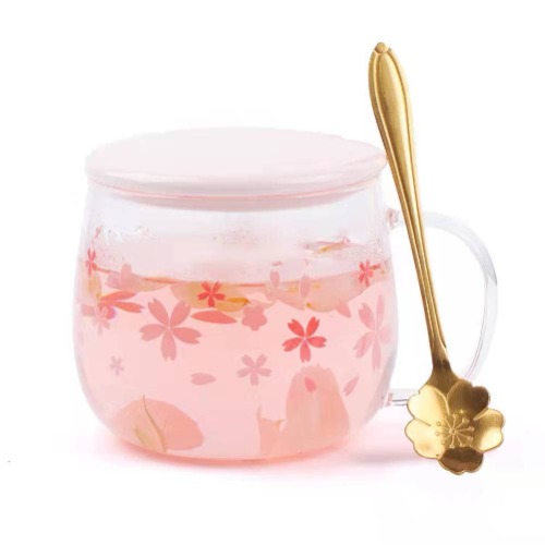 BLSKY Sakura Glass Coffee Mug Cute Milk Cup Cherry Blossom Clear Glass Cups with Scale 13.5 Oz Kawaii Mugs for Office and Home, with Ceramic Lid and Gold Flower Spoon - 