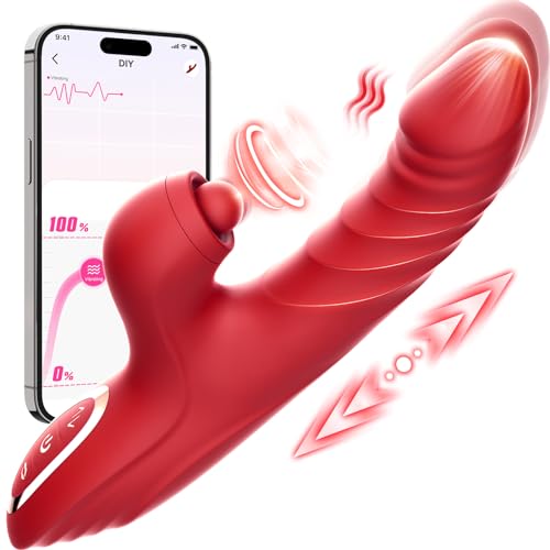 Vibrator Thrusting Dildo for Women - G Spot Vibrator Clitoral Stimulator Sex Toys Dildos Vibrator with 10 Vibration 7 Thrust Mode with Licking, Rabbit Vibrators Adult Sex Toy for Women and Couple - Dildo Red