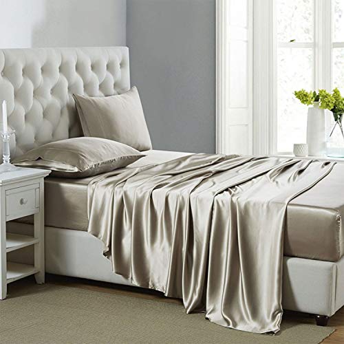 Lanest Housing Silk Satin Sheets, 4-Piece Queen Size Satin Bed Sheet Set with Deep Pockets, Cooling Soft and Hypoallergenic Satin Sheets Queen - Taupe - Taupe - Queen